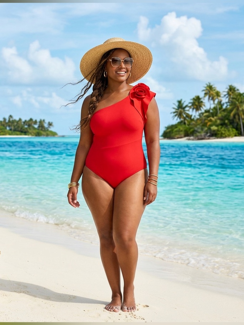Chiara Boni || Chrysa One-Shoulder Floral Ruffle One-Piece Swimsuit Red 52 US 16